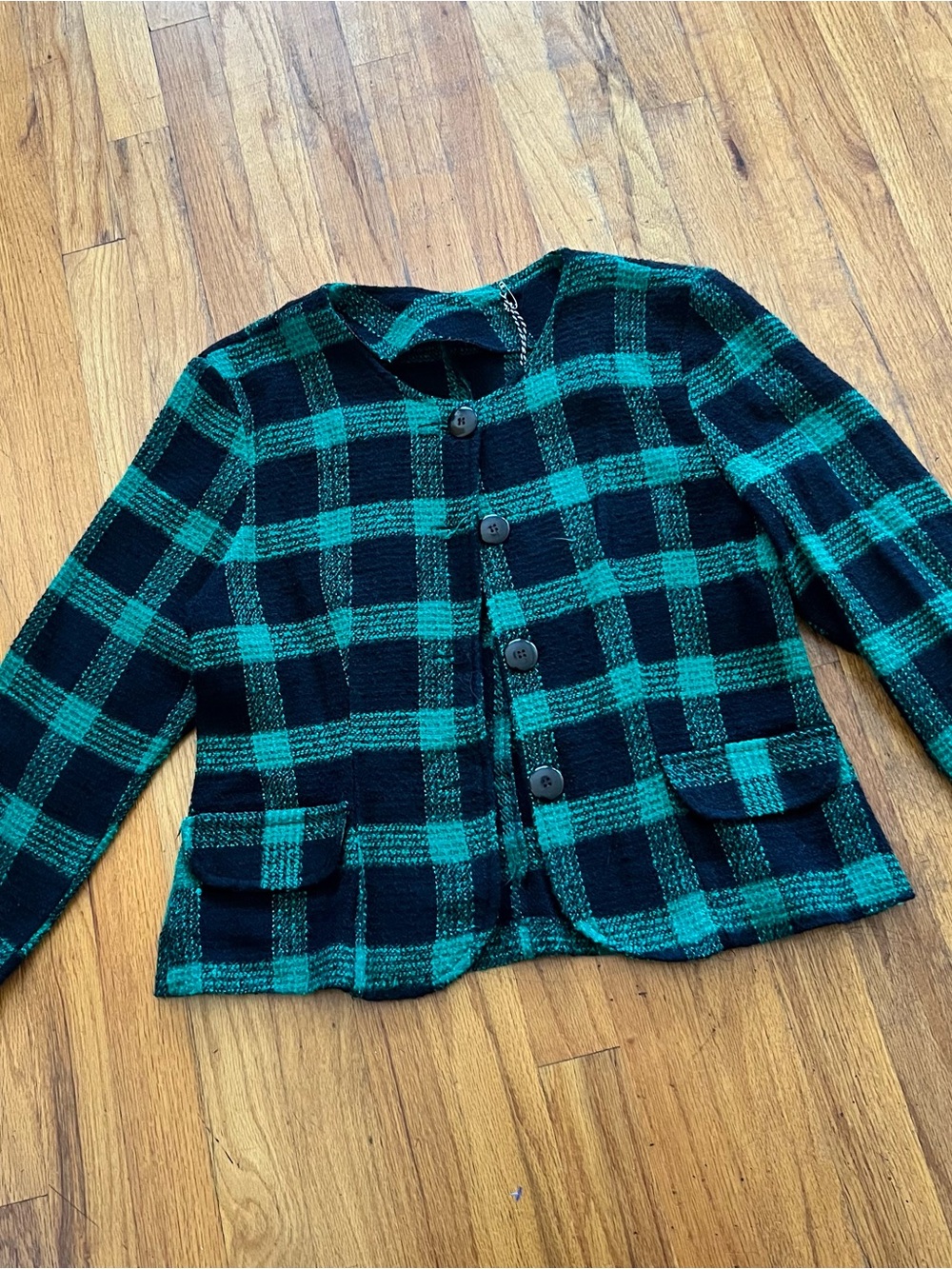 Women's Black & Teal Plaid Button Jacket